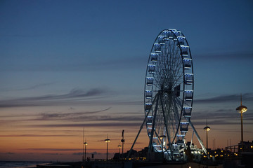 ferris wheel at night by the ocen