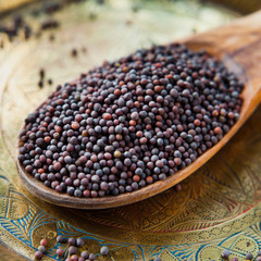 Black Mustard Seeds on wooden spoon and brass plate, Indian spices, macro.