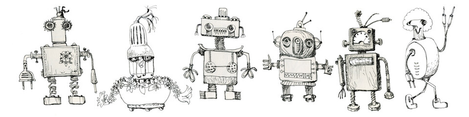 Team of robots. Vintage toys. Ink drawing.