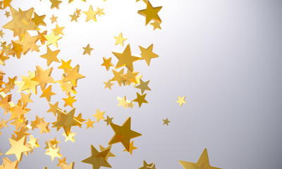 Golden stars falling. New year, Christmas card - 3d render illustration. Awarding, celebrating and greeting - poster with copy space. Luxury, rich party event advert. Golden shop sales, price drop