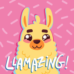 cute cartoon lama alpaca withbunique hand drawn lettering quote- llamazing- on pink backgroung with sprinkles.Vector Illustration. unique design for cards, posters, t-shirts, invitations