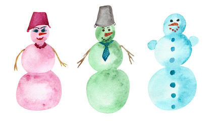 Watercolor hand painted winter holiday set with three pink, green and blue snowmen isolated on the white background with red hat, brown backet for christmas and new year postcards and design elements