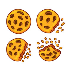 Set of cartoon chocolate chip cookies. Vector illustration.