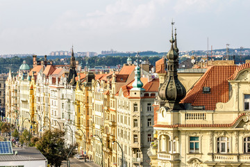 Fototapeta na wymiar View of houses on Masaryk Embankment in Prague.