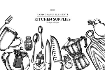 Floral design with black and white Chef s knifes, teaspoon, spoon, fork, knife, cutting board, bottle of oil, teapots, coffee pot, cups, sugar bowl, pepper shaker, salt shaker