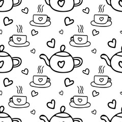 teapots cups hand drawn vector graphic style seamless pattern. Simple doodle scandinavian style sketch. tea love hearts tea ceremony