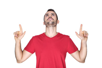 Portrait of young beard man showing fingers up isolated on white background