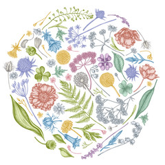 Round floral design with pastel shepherd's purse, heather, fern, wild garlic, clover, globethistle, gentiana, astilbe, craspedia, lagurus, black caraway, chamomile, dandelion, poppy flower, lily of