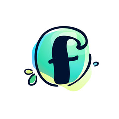 F letter stroke logo at colorful watercolor splash background.