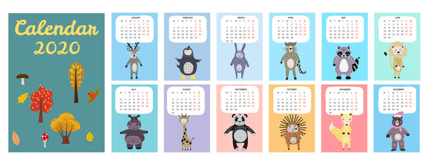 2020 Calendar Cute Animals Characters. Monthly Vector illustration