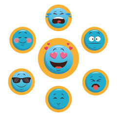 Set of chat emoticons over circle frames