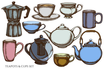 Vector set of hand drawn colored coffee cups, teapots, coffee pot, cups