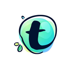 T letter stroke logo at colorful watercolor splash background.