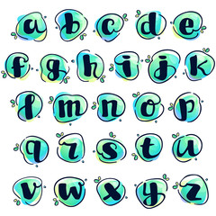 Alphabet with stroke letters at colorful watercolor splash background.