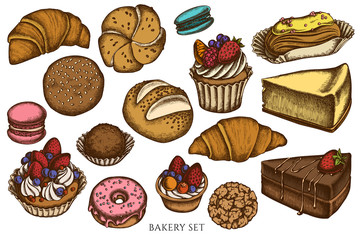 Vector set of hand drawn colored macaron, buns and bread, croissants and bread, cheesecake, eclair, cupcake, cake, donut, cookie, truffle, cake, tartlet