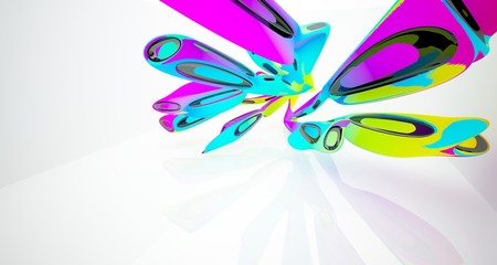 Abstract smooth architectural white interior with color gradient and black  with large windows. 3D illustration and rendering.