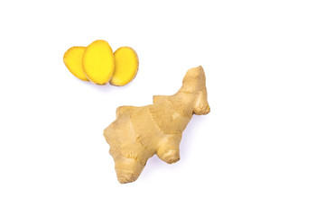 Ginger root isolate with slices on a white background.