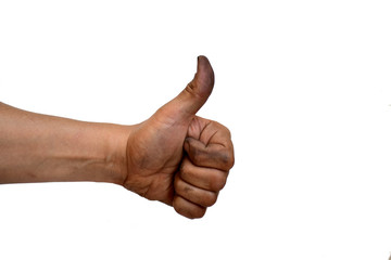 Dirty left hand towards isolated on white background. Dirty hand shows thumb up.