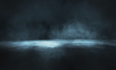 Dark street, wet asphalt, reflections of rays in the water. Abstract dark blue background, smoke, smog. Empty dark scene, neon light, spotlights. Concrete floor
