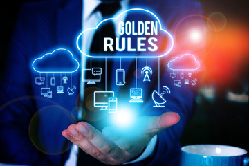 Writing note showing Golden Rules. Business concept for Basic principle that should be followed Important Principle Male wear formal work suit presenting presentation smart device