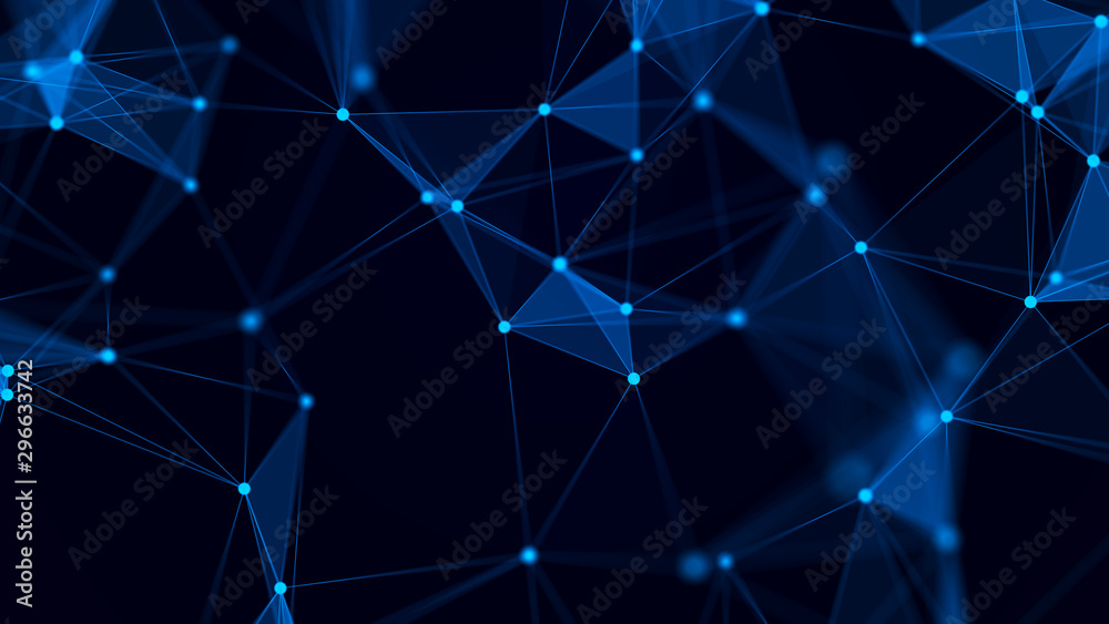Poster Abstract digital blue background. Space filled with polygons and dots. 3D wave.