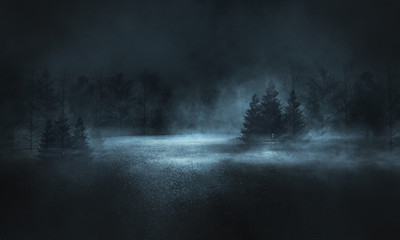 Abstract dark empty scene. Neon light, silhouettes of trees, water, big moon. Abstract night landscape. Dark forest background.