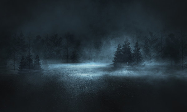Abstract dark empty scene. Neon light, silhouettes of trees, water, big moon. Abstract night landscape. Dark forest background.
