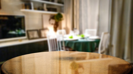 Brown wooden kitchen background with empty space on a table for you products and decoration. 