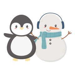 snowman with scarf and penguin celebration merry christmas