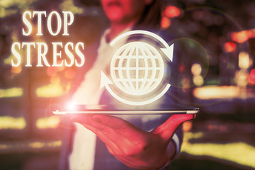 Handwriting text writing Stop Stress. Conceptual photo Seek help Take medicines Spend time with loveones Get more sleep