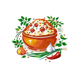 Rice pilaf, spices, herbs and vegetables. Vector illustration.