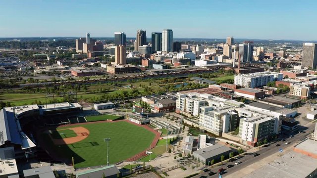Aerial View Flying In Over Ball Park towards downtown Birmingham Alabama