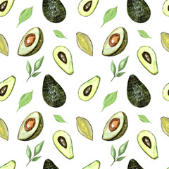 Avocado pattern, healtly food, watercolor seamless background. Pattern for kitchen, textile, design menu for bar, cafe, wallpaper, print.