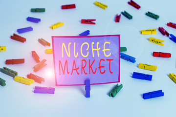 Conceptual hand writing showing Niche Market. Concept meaning Subset of the market on which specific product is focused Colored clothespin papers empty reminder white floor office