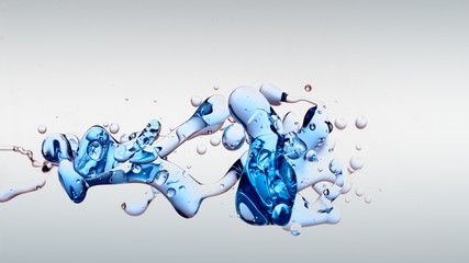 transparent blue oil bubbles and fluid shapes in purified water on a white gradient background....