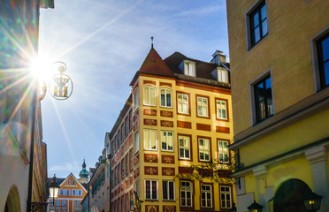 Facades of buildings of Platzl Square in Munich, Germany