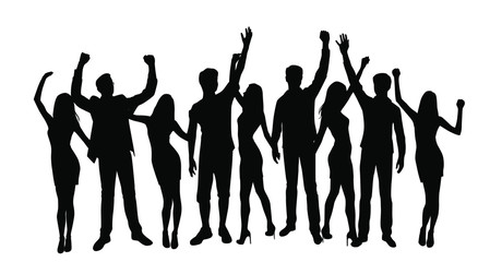 Set vector silhouettes men and women dancing,  profile, hands up, different poses,    group business  people,   black color, isolated on white background
