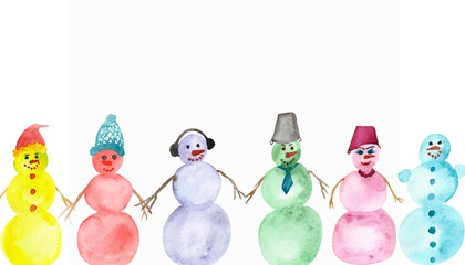 Watercolor hand painted winter holiday fun set with six multicolored white, green, red, pink, yellow and blue snowmen with hat and bucket hold hands on the white background
