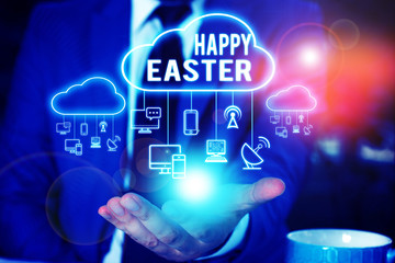 Writing note showing Happy Easter. Business concept for Christian feast commemorating the resurrection of Jesus Male wear formal work suit presenting presentation smart device