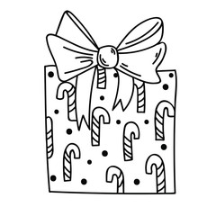 Vector drawing. Single hand drawn Christmas and gift box. Doodle vector illustration for greeting cards, posters, stickers and seasonal design.        Isolated on white background.