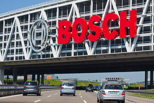 Stuttgart , Germany- car park bridge over the highway near the airport with BOSH advertising