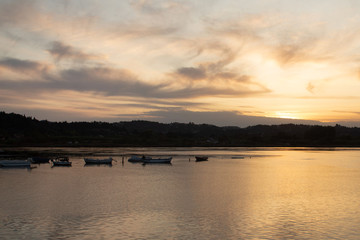 Obraz na płótnie Canvas Seascape - fishing boats off the coast, calm golden expanse of sea water, sunset
