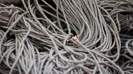 Rough Cord made from natural plant fiber. Rope detail, closeup. Horizontal. Grey tone. Copy space. Wallpaper and background about fabtic manufacture, eco friendly material. Banner