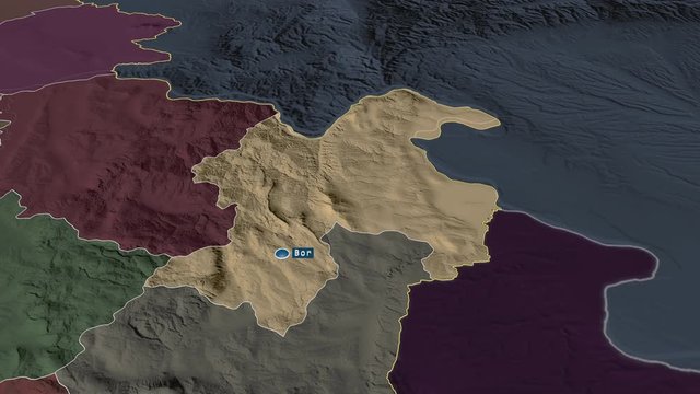 Borski - district of Serbia with its capital zoomed on the administrative map of the globe. Animation 3D