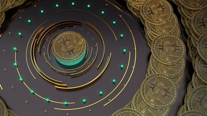 Multiple bitcoin golden coins 3d illustration. Finance and business background