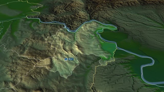 Borski - district of Serbia with its capital zoomed on the physical map of the globe. Animation 3D