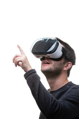 Man is using virtual reality headset. Isolated on white background.