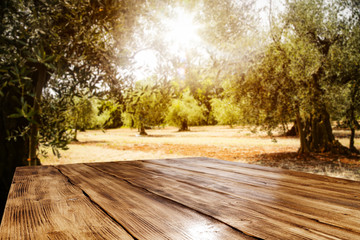 Naklejka na ściany i meble Table background and spring time. Green garden in blurred view in distance. Empty space for decoration and an advertising product.