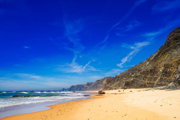 View on beautiful beach Praia do Castelejo at the Algarve coast in Portugal