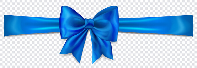 Beautiful blue bow with horizontal ribbon with shadow on transparent background